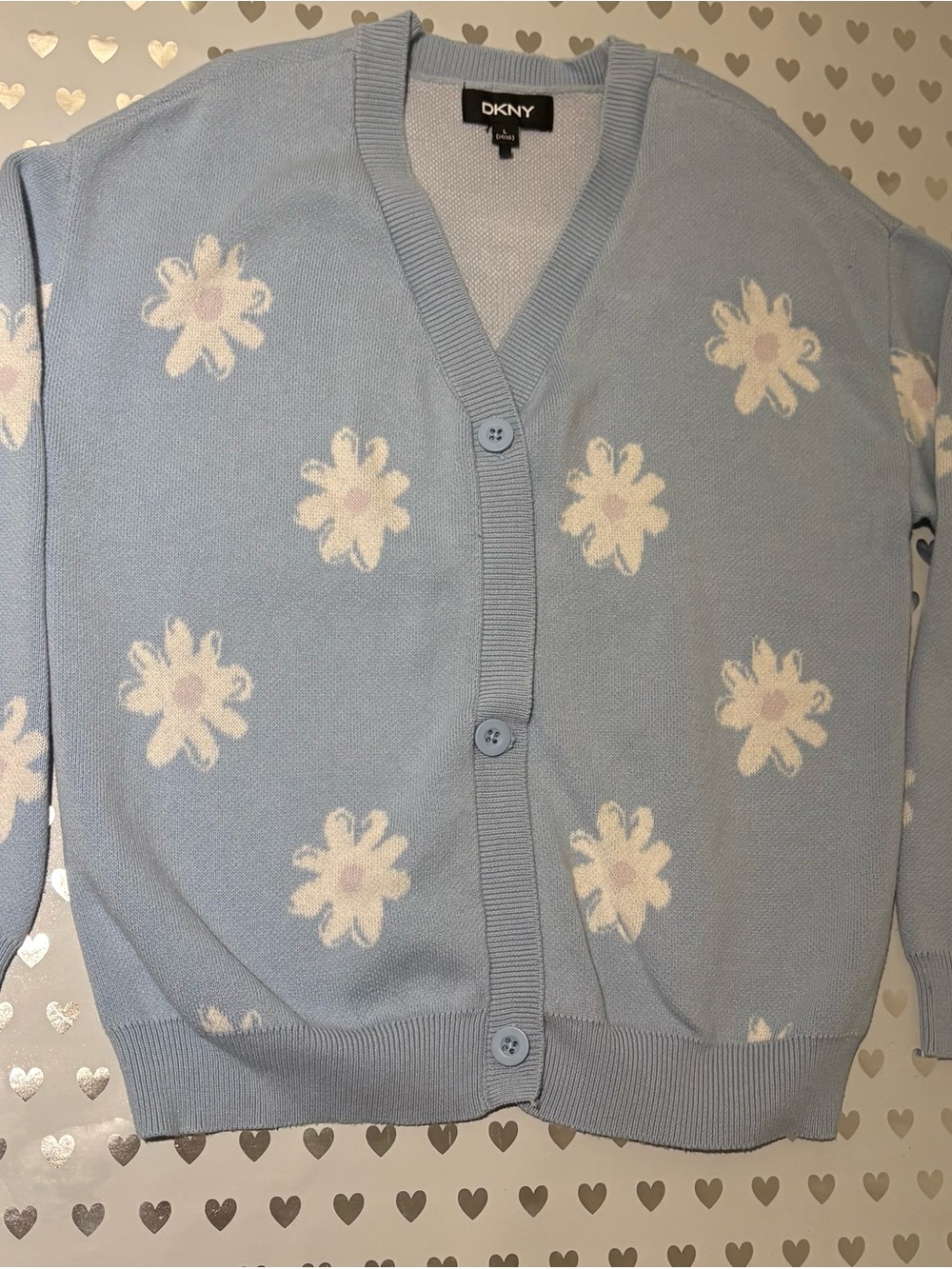 DKNY Light Blue Floral Button Cardigan with Cream Flowers